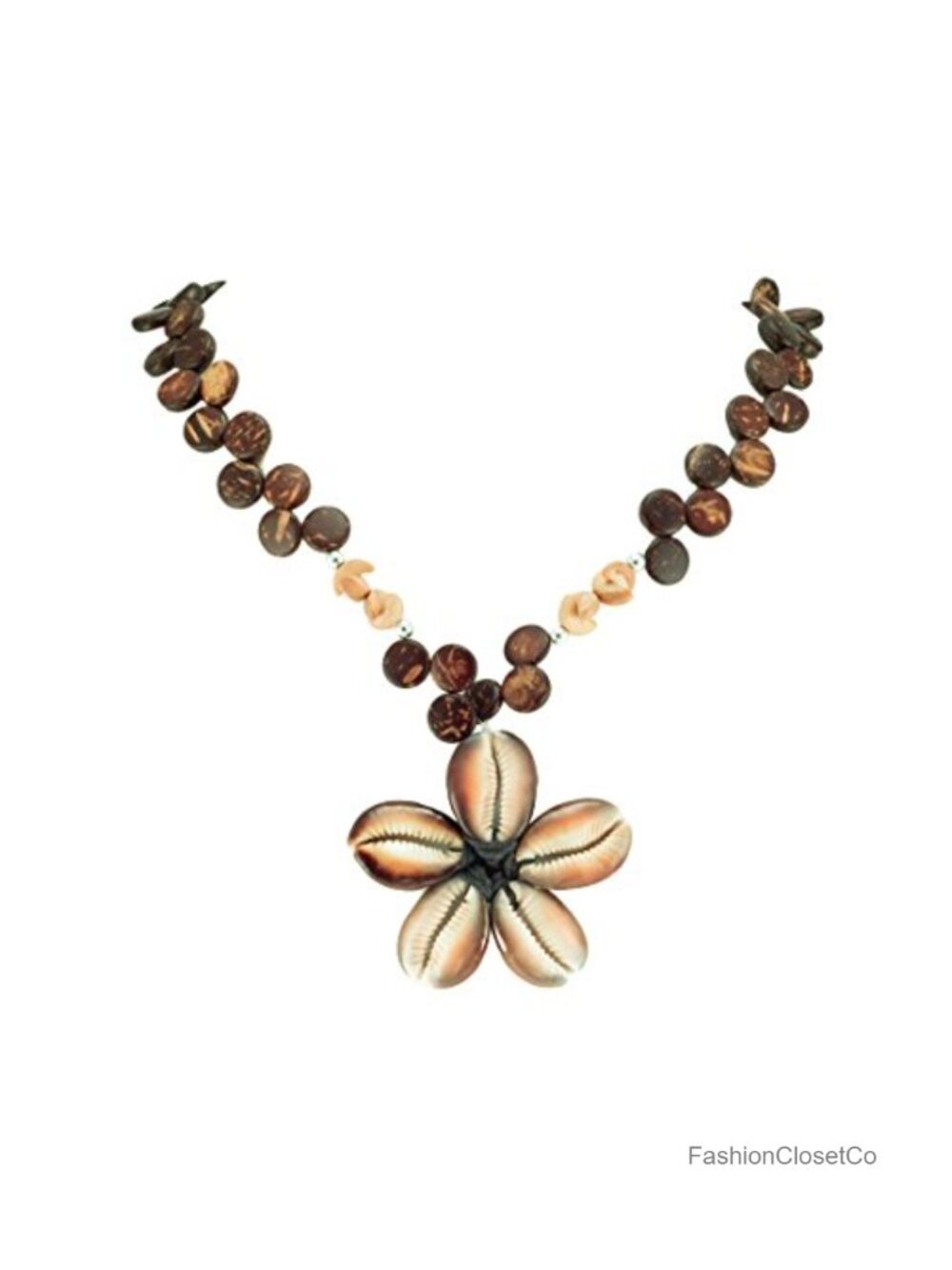 Cowrie Flower Pendant on Wood Disk Bead Necklace 18in Coconut Shell